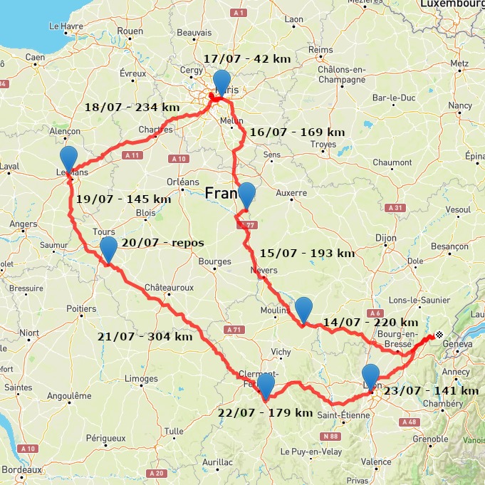 Carte de mes vacances à vélo en juillet 2021